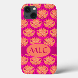 Orange Fuchsia Pink Art Nouveau Damask Monogram iPhone 13 Case