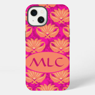 Orange Fuchsia Pink Art Nouveau Damask Monogram iPhone 13 Case