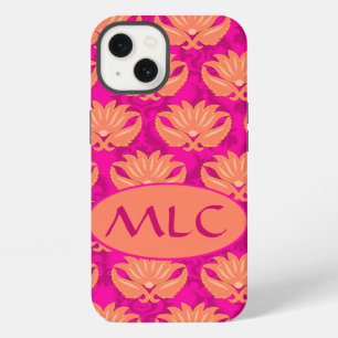 Orange Fuchsia Pink Art Nouveau Damask Monogram iPhone 13 Case