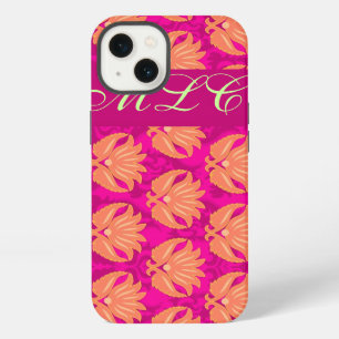 Orange Fuchsia Pink Art Nouveau Damask Monogram iPhone 13 Case