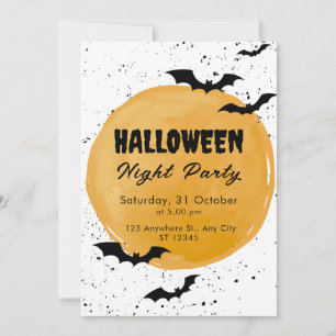 Orange Full Moon And Night Bat Spooky Halloween Invitation