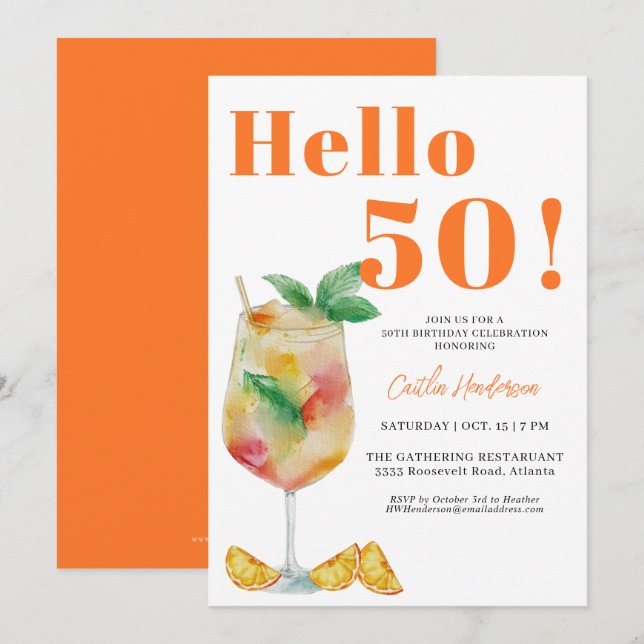  Orange Fun Drink 50th Birthday Invitation (Front/Back)