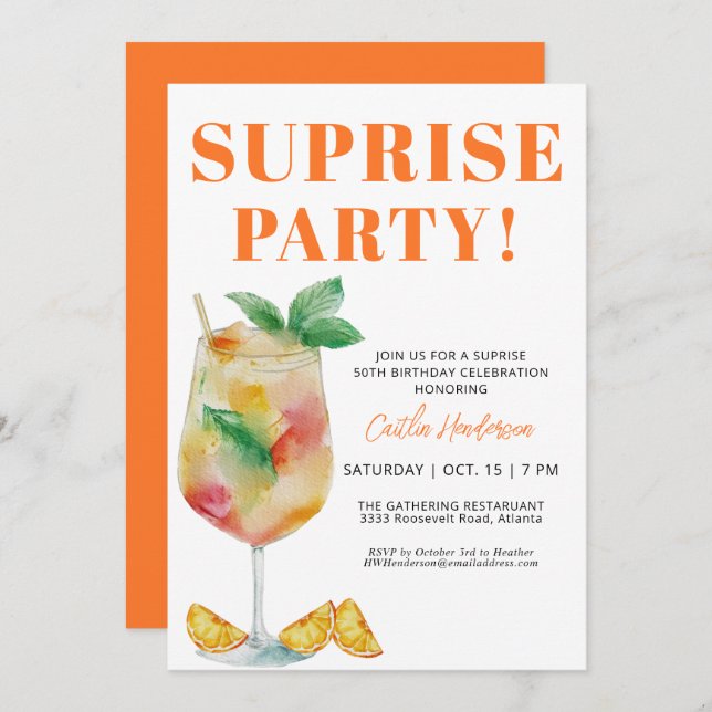  Orange Fun Drink Surprise 50th Birthday Invitation (Front/Back)