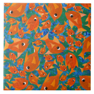 Orange Fun Fish on Blue Green Background Tile
