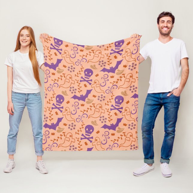 Orange Fun Halloween Ghost and Bones  Fleece Blanket (In Situ)