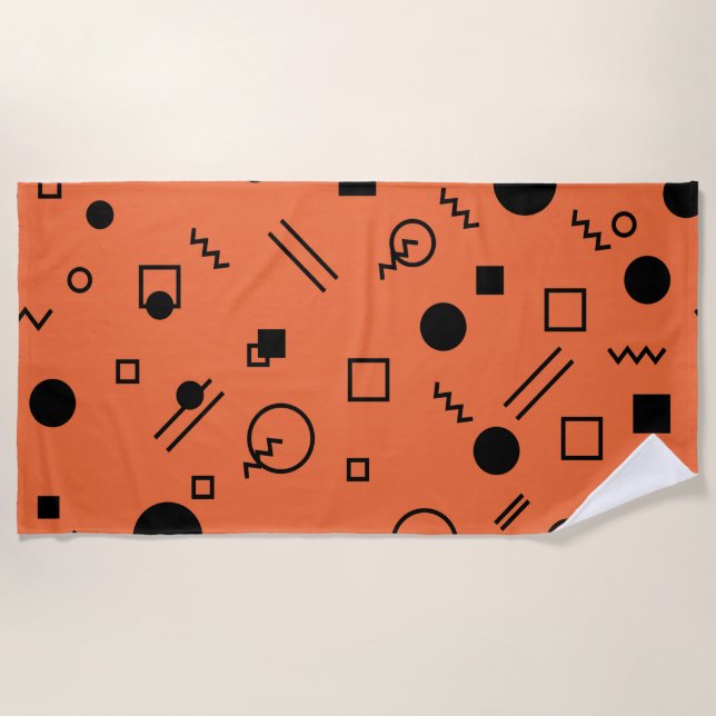Orange, fun, trendy, geometric Memphis graphic Beach Towel (Front)