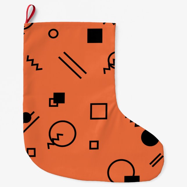 Orange, fun, trendy, geometric Memphis graphic Large Christmas Stocking (Front)
