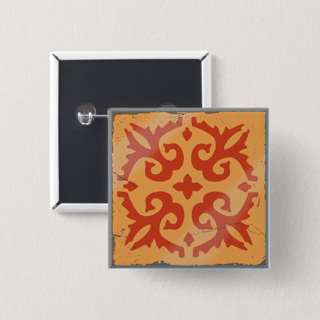Orange Geometric Flower Spanish Tile Board Game 15 Cm Square Badge (Front & Back)