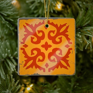 Orange Geometric Tile Board Game Distressed  Ceramic Ornament