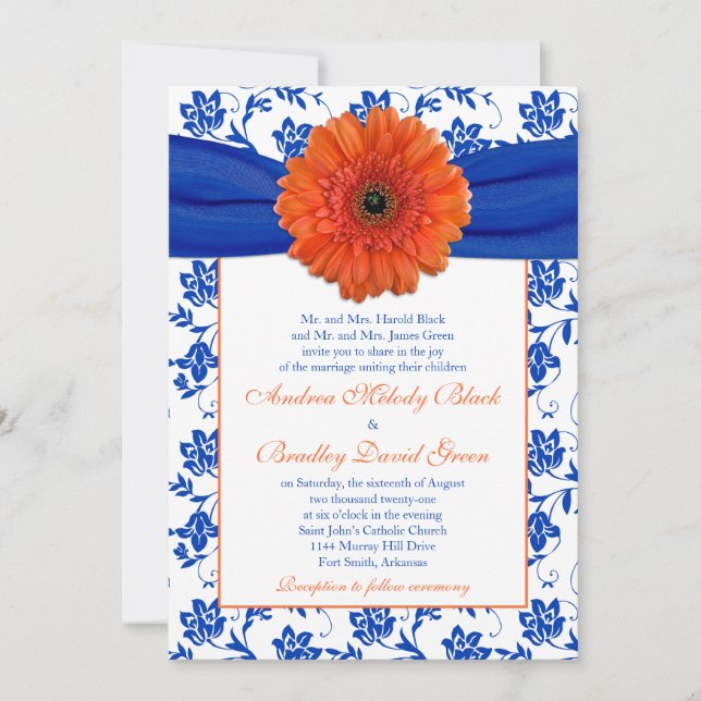 Orange Gerber Cobalt Floral Wedding Invitation (Front)
