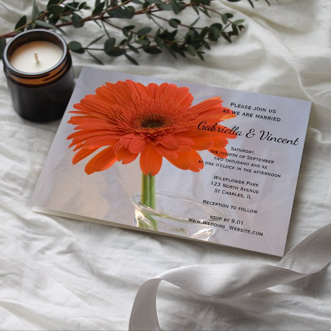 Orange Gerber Daisy in Vase Wedding Invitation (Invite guests to your marriage with the pretty Orange Daisy in Vase Wedding Invitation.)