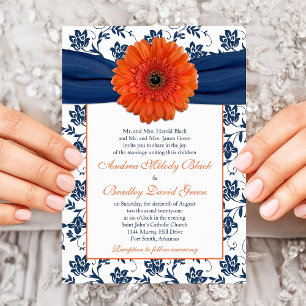 Orange Gerber Daisy Navy Floral Wedding Invitation