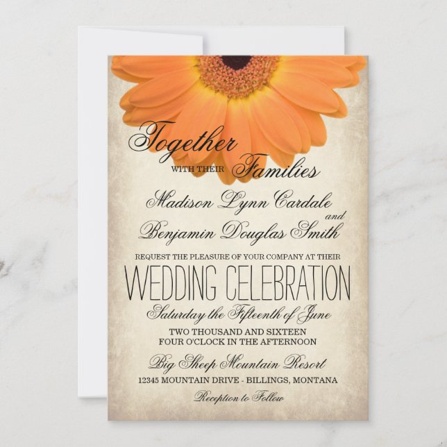 Orange Gerber Daisy Rustic Country Wedding Invites (Front)