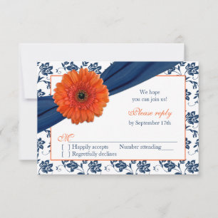 Orange Gerber Navy Blue Damask Floral Wedding RSVP Card