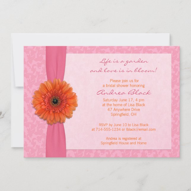 Orange Gerber Pink Floral Bridal Shower Invitation (Front)