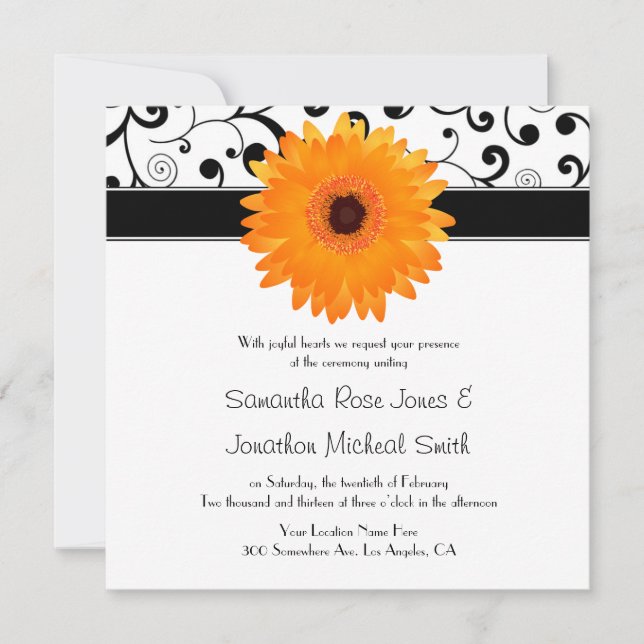 Orange Gerbera Daisy Black Scroll Design Wedding Invitation (Front)