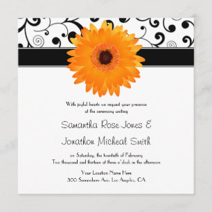 Orange Gerbera Daisy Black Scroll Design Wedding Invitation