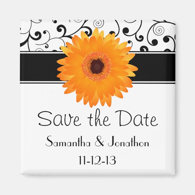 Orange Gerbera Daisy Black Scroll Save the Date Magnet (Front)