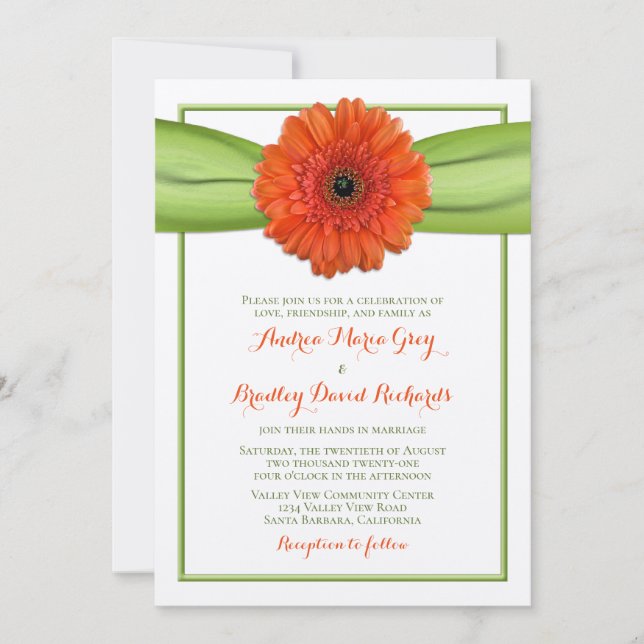 Orange Gerbera Daisy Green Wedding Invitation (Front)
