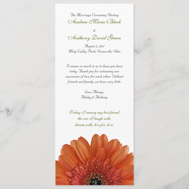 Orange Gerbera Daisy Wedding Program Programme (Front)