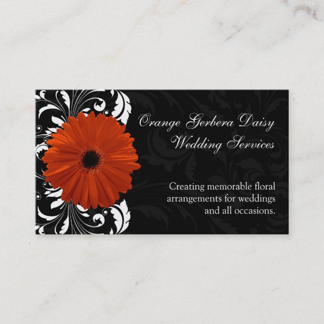 Orange Gerbera Daisy with Black and White Scroll Business Card (Front)