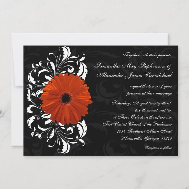Orange Gerbera Daisy with Black and White Scroll Invitation (Front)