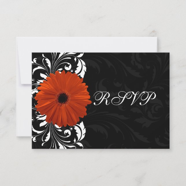 Orange Gerbera Daisy with Black and White Scroll RSVP Card (Front)