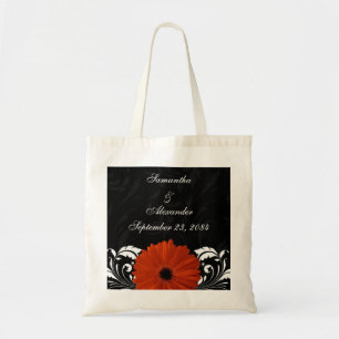 Orange Gerbera Daisy with Black and White Scroll Tote Bag