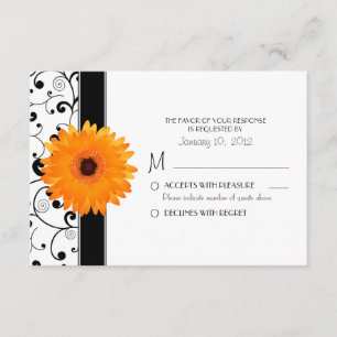 Orange Gerbera Daisy with Black Scroll Design RSVP Card