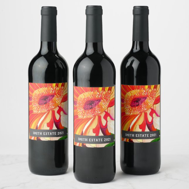 Orange gerbera watercolor floral art wine label (Bottles)