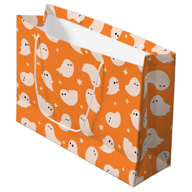 Orange Ghost Doodle Pattern Large Gift Bag (Front Angled)