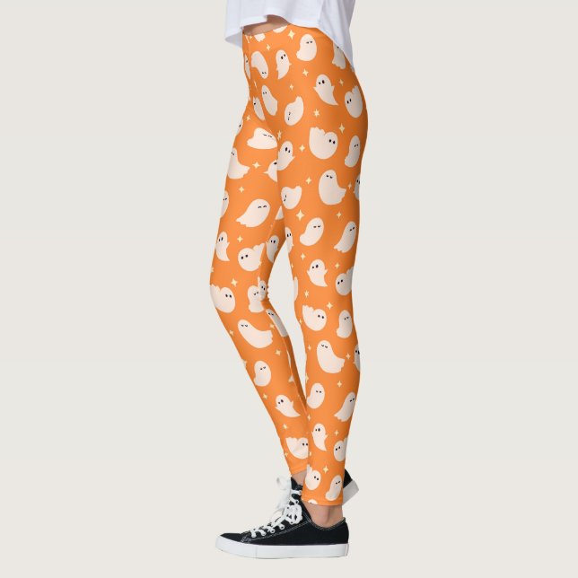 Orange Ghost Doodle Pattern Leggings (Left)