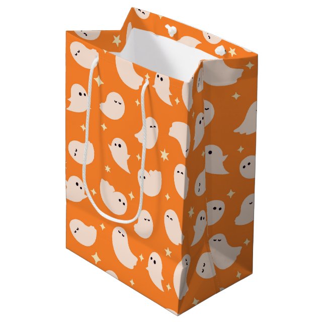 Orange Ghost Doodle Pattern Medium Gift Bag (Front Angled)