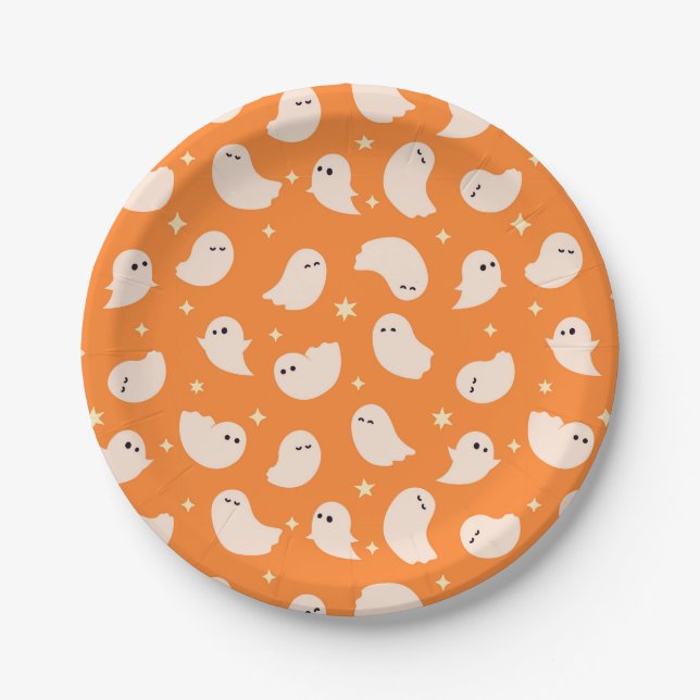 Orange Ghost Doodle Pattern Paper Plate (Front)
