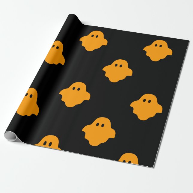 Orange Ghost Halloween Theme Wrapping Paper (Unrolled)