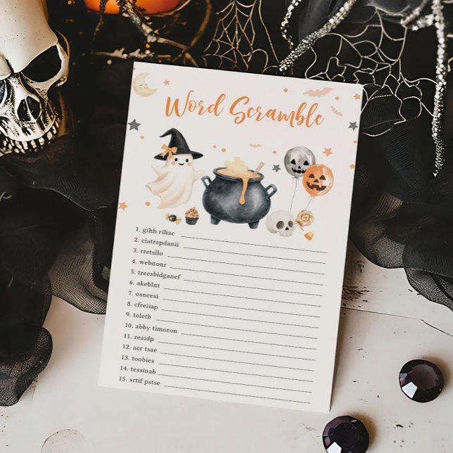 Orange Ghost Little Boo Word Scramble Game (Gender Neutral Baby Shower Word Scramble Game)
