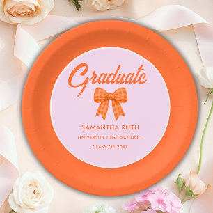 Orange Gingham Bow Graduation Party Paper Plate