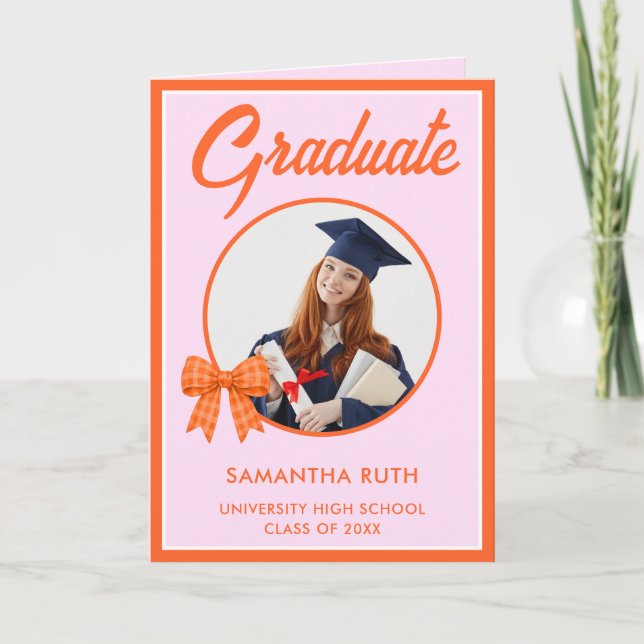 Orange Gingham Bow Photo Graduation  Card (Front)