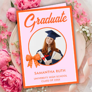 Orange Gingham Bow Photo Graduation Card