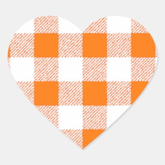 Orange Gingham Check Pattern Heart Sticker (Front)
