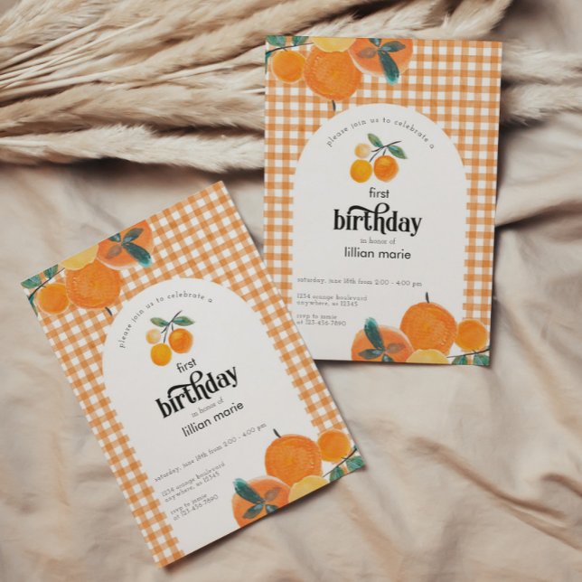 Orange Gingham Citrus Birthday Invitation (Creator Uploaded)
