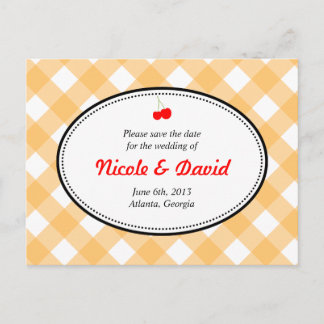 Orange gingham country rustic cherry save the date announcement postcard