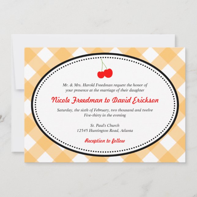 Orange gingham country rustic red cherry wedding invitation (Front)