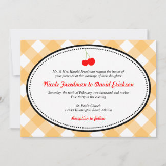 Orange gingham country rustic red cherry wedding invitation