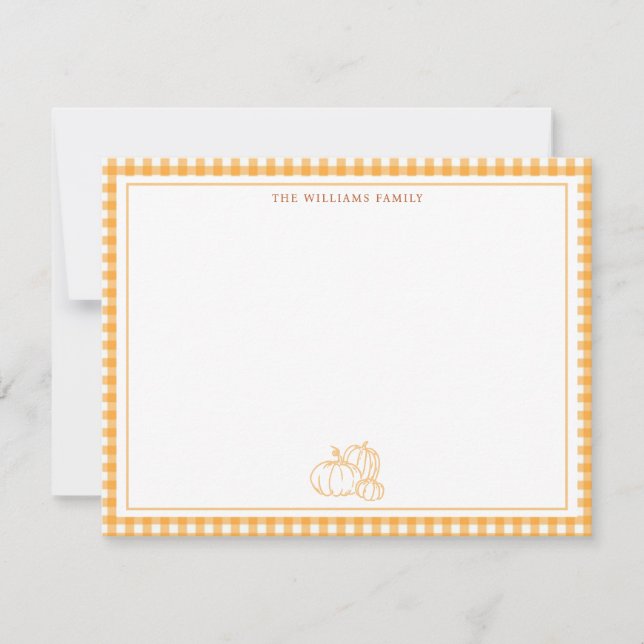 orange gingham Fall pumpkin note card (Front)
