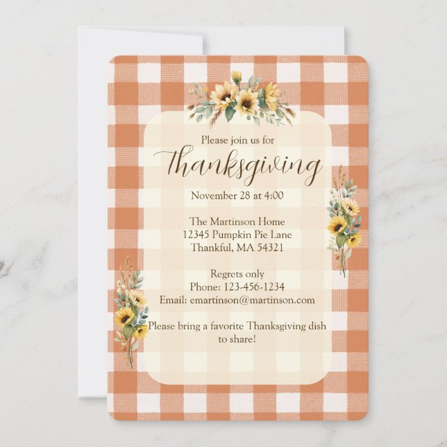 Orange Gingham Fall Sunflowers Floral Thanksgiving Invitation (Front)