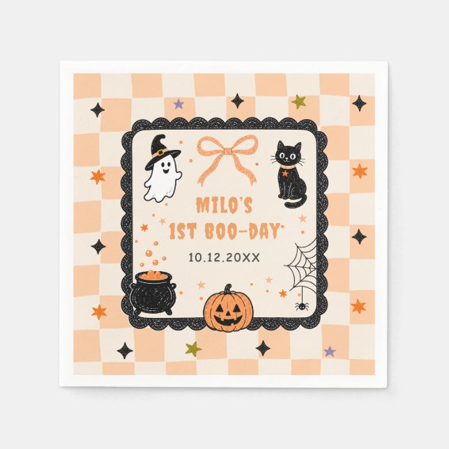 Orange Gingham Halloween Birthday Party Napkin (Front)