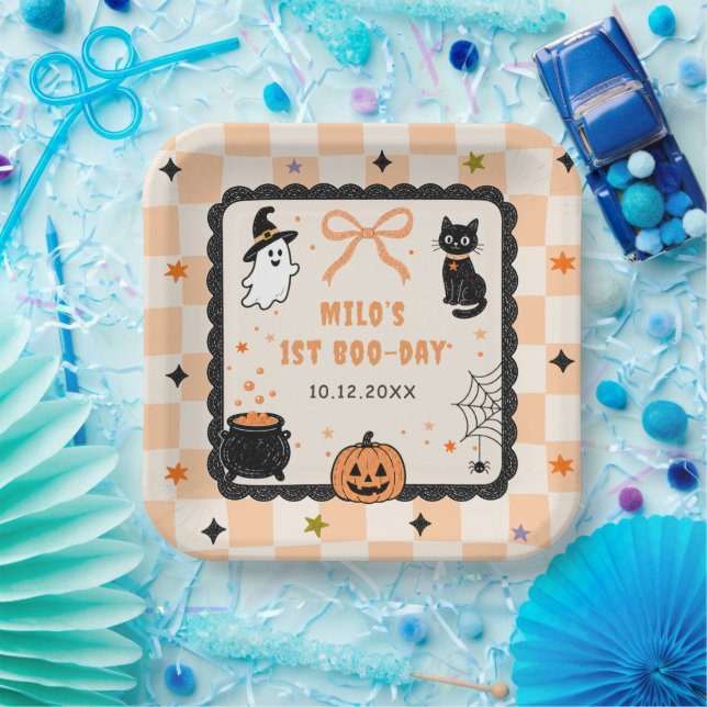 Orange Gingham Halloween Birthday Party Paper Plate (Party)