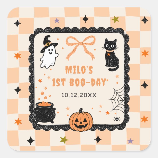 Orange Gingham Halloween Birthday Party Square Sticker (Front)