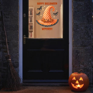 Orange Gingham Halloween Witch Hat And Bats